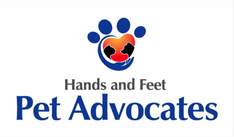 Hands and Feet Pet Advocates (Oak Ridge, Tennessee) logo royal blue and grey lettering on bottom royal blue paw print sunset color heart as paw pad with silhouette of dog and cat facing each other cradled by royal blue arm with hand