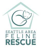 Seattle Area Feline Rescue (Shoreline, Washington) | logo of green cat silhouette, house, Seattle Area Feline Rescue