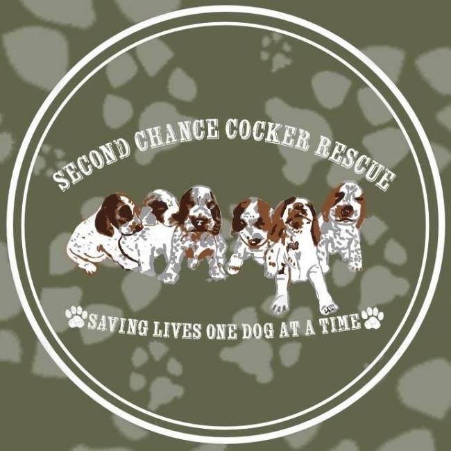 Second Chance Cocker Rescue (Twain Harte, California) logo camo green background with ligher colored paw prints white circle white lettering inside six drawn brown white and grey cocker spaniel puppies