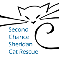 Second Chance Sheridan Cat Rescue (Sheridan, Wyoming) | logo of cat silhouette, blue paw print, whiskers, second chance 