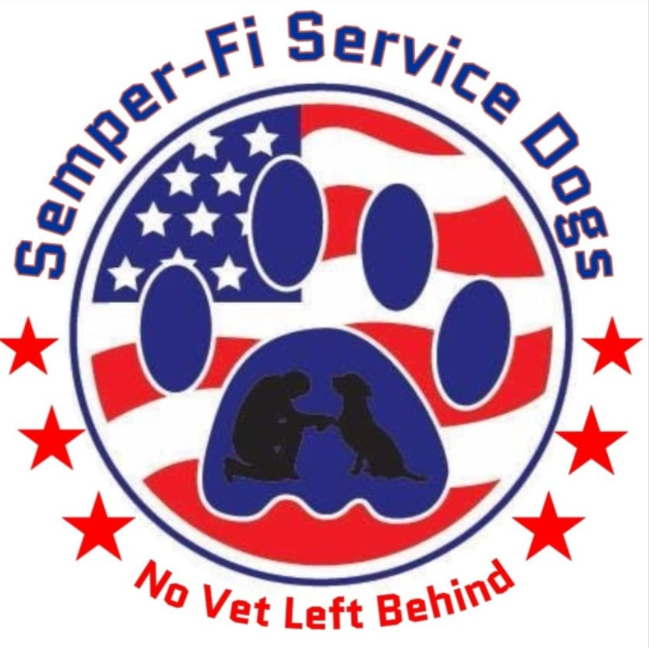 Semper Fi Service Dogs, Inc.(West Palm Beach, Florida) logo blue dog paw print on red white and blue flag with text 