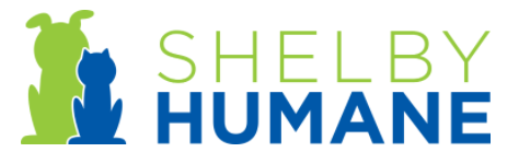 Shelby Humane (Columbiana, Alabama) logo is green dog and blue cat to the left of org name in green and blue