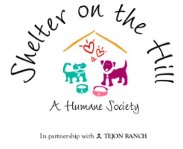 Shelter on the Hill A Humane Society, (Frazier Park, California) logo purple dog and turquoise cat silhouette with black text