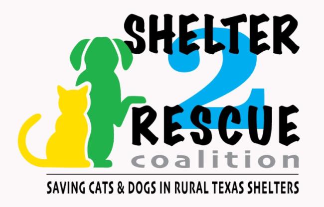 Shelter2Rescue Coalition, Inc., (Arlington, Texas), logo yellow cat, green dog with blue number "2" and black text