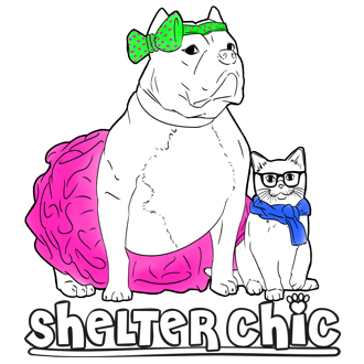Shelter Chic (New York, New York) | logo of pit bull dog in tutu, cat in blue scarf, glasses, cartoon Shelter Chic, paw print
