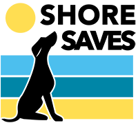 Shore Saves (Farmingdale, New Jersey) logo black silhouette of large dog in front of three elongated stacked rectangles light blue on top teal in middle and yellow on bottom yellow sun in upper left with black text to the right