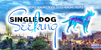 Single Dog Seeking (Tulsa, Oklahoma) logo is a cityscape with the organization name and a blue and purple dog on it