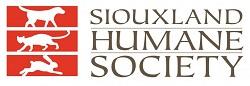 Siouxland Humane Society (Sioux City, Iowa) logo is red boxes with a dog, cat, and rabbit inside next to the organization name