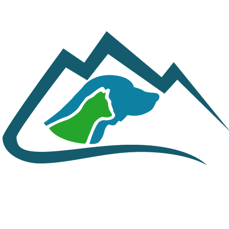 Siskiyou Humane Society, (Mt Shasta, California), logo blue dog green cat inside stylized mt shasta