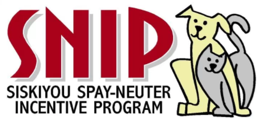 Siskiyou Spay Neuter Incentive Program (Mount Shasta, California) logo is “SNIP” next to a dog with its leg around a cat