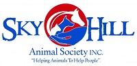 Sky Hill Animal Society (Selma, Alabama) logo is a circle with a hand holding a cat, dog and horse in the middle of the org name
