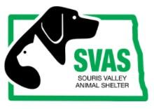 Souris Valley Animal Shelter, (Minot, North Dakota), logo white cat in front of black dog inside green outline of North Dakota state map with green and black text