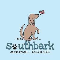 SouthBARK Animal Rescue (Pensacola, Florida) | logo of blue rectangle, brown dog, red butterfly, paw print, SouthBARK