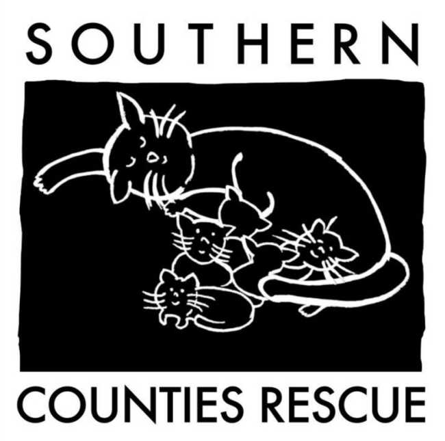Southern Counties Rescue Inc. (Brawley, California) logo with black background with white cat outlines