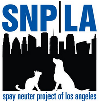 Spay/Neuter Project LA (San Pedro, California) logo is a white dog and cat sitting in front of a skyline with “SNP|LA” above it