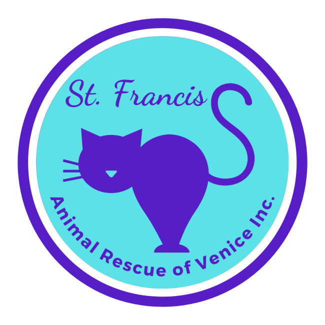 St. Francis Animal Rescue of Venice, FL., (Venice, Florida), logo purple cat on round turquoise background with purple ring and purple text