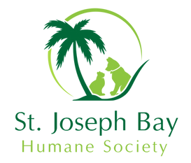 St. Joseph Bay Humane Society (Port St. Joe, Florida) logo three quarter circle in avocado green with dark green palm tree with avocado green silhouette of cat and dog facing each other inside combination of dark and avocado green lettering below