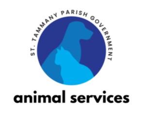 St. Tammany Parish Department of Animal Services, (Lacombe, Louisiana), logo light blue cat in front of medium blue dog in front of dark blue circle with blue and black text