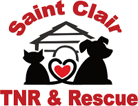 St. Clair TNR & Rescue (Belleville, Illinois) logo is a dog and cat in front of a house with a heart formed by their tails