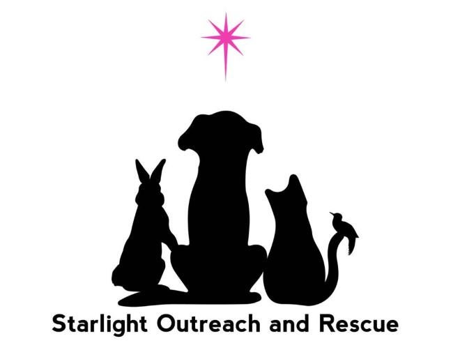 Starlight Outreach and Rescue (Alvin, Texas) logo black silohuette or rabbit, dog cat and bird looking up at a pink eight point star black lettering on bottom