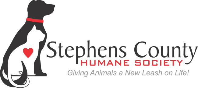 Stephens County Humane Society (Duncan, Oklahoma) logo black side silhouette of sitting dog with red collar white side silhouette of cat with red heart layered on top black red and grey text