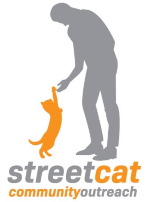 Street Cat Community Outreach (Martinsville, Indiana) logo is gray silhouette of man standing and touching orange cat's paw
