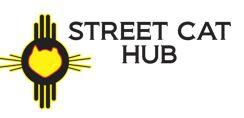 Street Cat Hub (Albuquerque, New Mexico) | logo of yellow cat head, black circle, yellow whiskers, stripes, Street Cat Hub