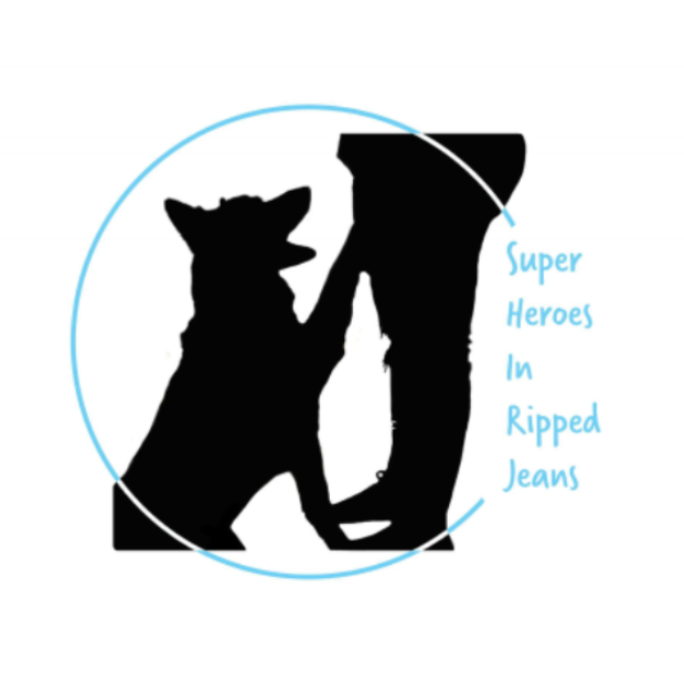Super Heroes in Ripped Jeans Inc. (Oneonta, New York) logo black silhouette of dog with paw on the leg of a black silhouette of the bottom portion of a human wearing ripped jeans thin aqua circled overlayed the scene with aqua lettering on the right