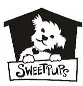Sweetpups, (Vidor, Texas), logo black and white drawing of white dog in black dog house above white sign with black text