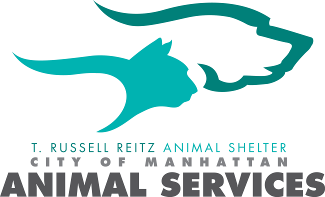 T. Russell Reitz Animal Shelter (Manhattan, Kansas) logo white background large dark teal silhouette profile outline of dog head with layered white silhouette dog head over top aqua teal silhouette profile of cat three lines of text below in varying sizes dark teal, aqua and grey lettering