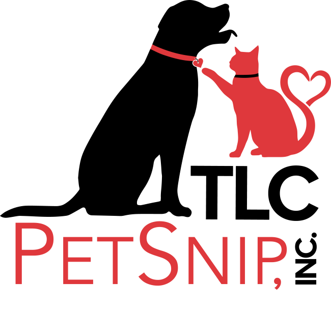 TLC PetSnip, Inc. (Lakeland, Florida) logo black dog and red cat silhouette with heart on tail with black and red text