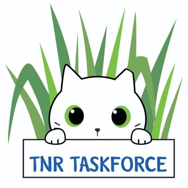 TNR Taskforce, Inc. (Ronkonkoma, New York) logo drawn black outline of ear tipped cat huge green eyes holding a sign with blue text tall green grass in background