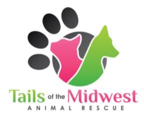 Tails of the Midwest Animal Rescue, (Bismarck, North Dakota), logo pink cat and green dog in front of black pawprint above pink and green text