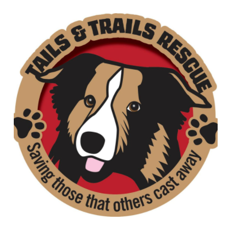 Tails and Trails Rescue, (Indianapolis, Indiana) logo light and dark brown dog face in circle on red with tan border and brown text