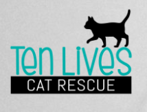 Ten Lives Cat Rescue, (Pawtucket, Rhode Island) logo black cat on blue text with black and white text and grey background