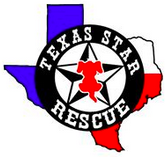 Texas Star Rescue (Longview, Texas) logo is a circle with a dog on top of a star inside it on top of the state of Texas