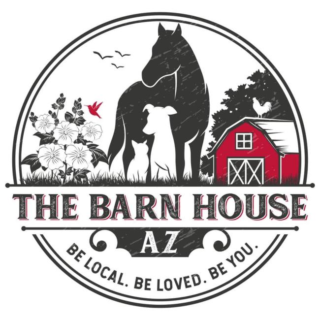 The Barn House Community (Peoria, Arizona) logo red barn in background with silhouette of rooster on top silhouette or black horse white dog white cat in forefront black lettering with red accents all inside black circle