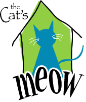 The Cat’s Meow (Anacortes, Washington) logo is a house with a blue cat on a green background inside above “meow”