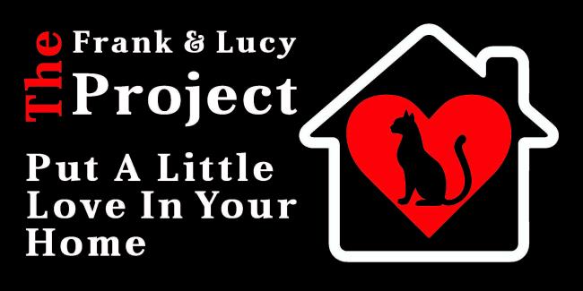 The Frank and Lucy Project (Quartz Hill, California) logo black background white outline of home black color fill layered with red heart black silhouette of act in center of heart large white lettering to the left of the home the word the is red and turned to the left