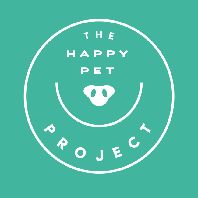 The Happy Pet Project (Dallas, Texas) logo turquoise square background white circle outline white text inside drawn dog nose print with large smile line below