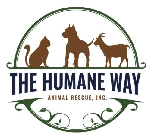 The Humane Way Animal Rescue, Inc, (Westminster, Maryland), logo brown cat dog and goat in green circle with blue text