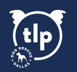 The Love Pit (Dallas, Texas) logo is white circle with ears with letters t l p in center with pit bull silhouette in bottom left
