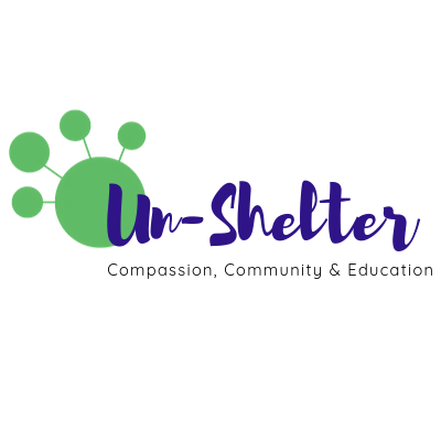 The Un-Shelter, (Plymouth, Michigan), logo green big circle with four small circles attached and purple and black text
