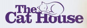The Cat House (Lincoln, Nebraska) logo is the organization name in purple letters with the outline of a cat sleeping at the top