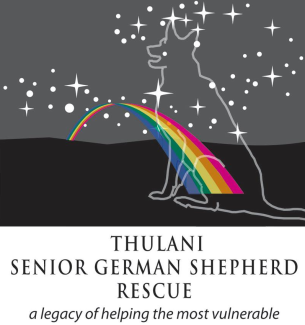 Thulani Senior German Shepherd Rescue (Cupertino, California) logo is dog and rainbow on black background with stars