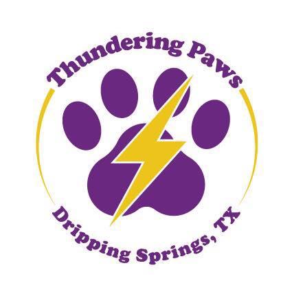 Thundering Paws Animal Sanctuary, (Dripping Springs, Texas), logo purple pawprint and yellow lightning inside yellow circle with purple text