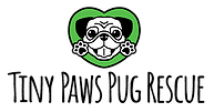Tiny Paws Pug Rescue (Aptos, California) logo is a black and white pug in a green heart above the organization name