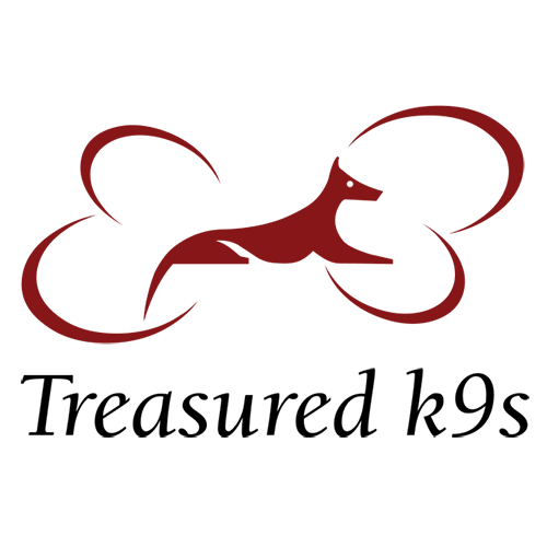 Treasured k9s, Inc., (West New York, New Jersey), logo brown sketch of a Jindo inside brown outline of bone