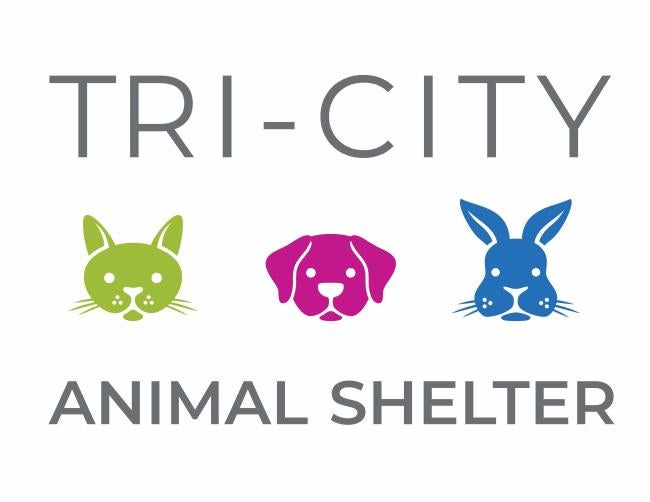 City of Fremont Tri-City Animal Shelter (Freemont, California) logo white background large grey letters top and bottom drawn animal heads in the middle avocado green cat, magenta dog and sapphire blue rabbit