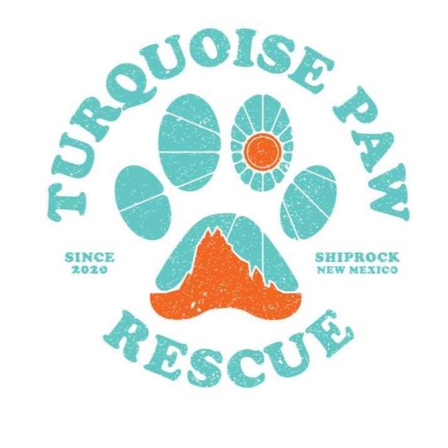 Turquoise Paw Rescue, (Shiprock, New Mexico), logo turquoise and orange paw print with turquoise text in circle 